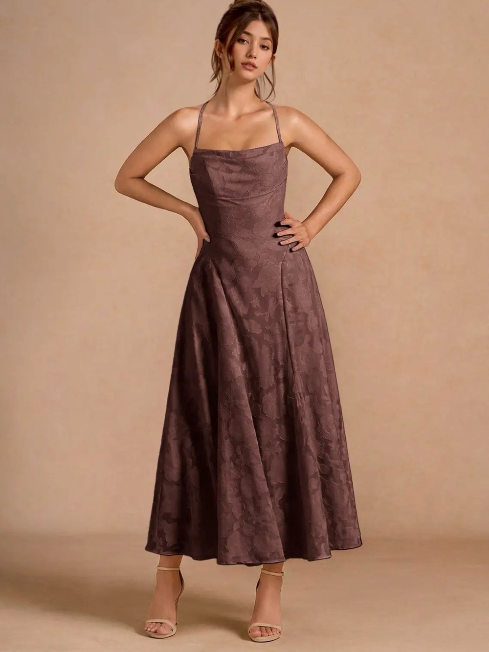 Azazie Mauve Brown Jacquard Midi Dress